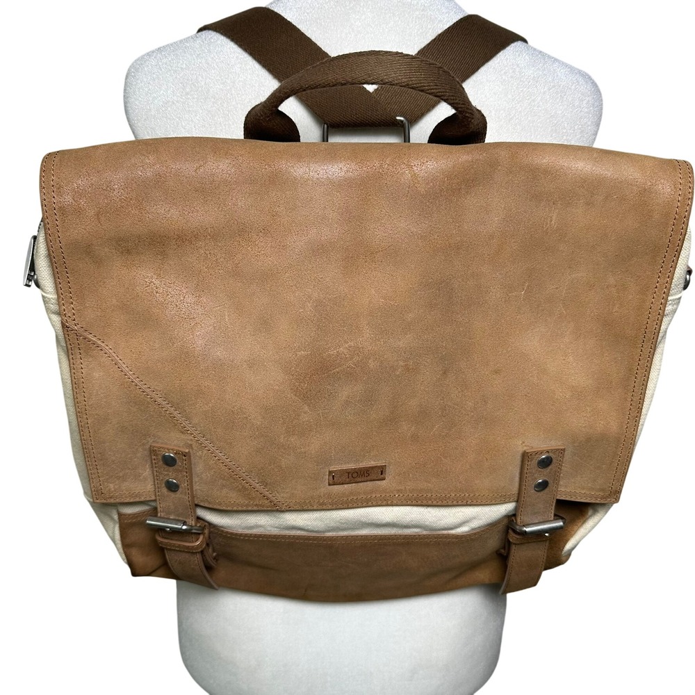 TOMS Backpack Unisex Large Brown Canvas Leather Satchel Messenger Laptop Bag